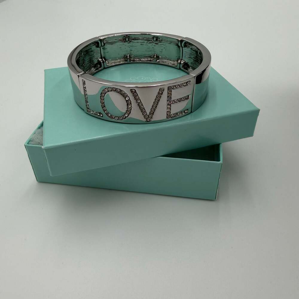 Park Lane Jewelry Silver Tone Rhinestone LOVE Stretch Cuff Bracelet Boxed